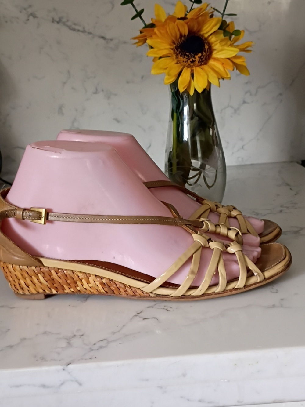 Prada Beige Woven Leather Wedge Sandals